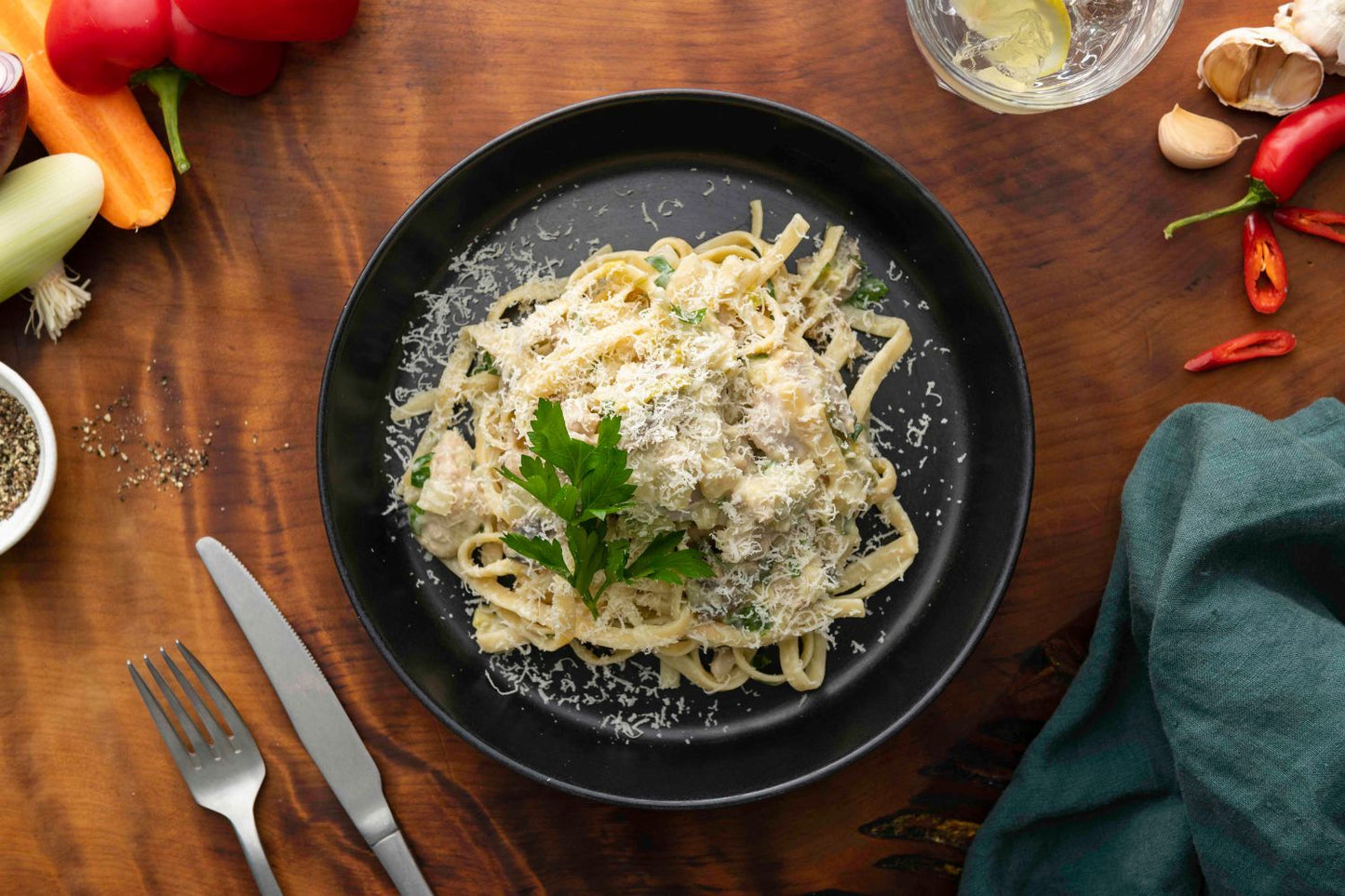 Creamy chicken, mushroom and leek fettuccine