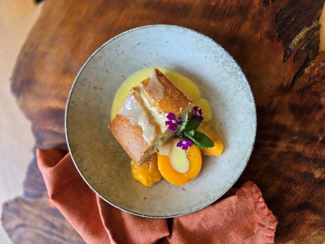Peach & Cardamon pudding with vanilla bean custard