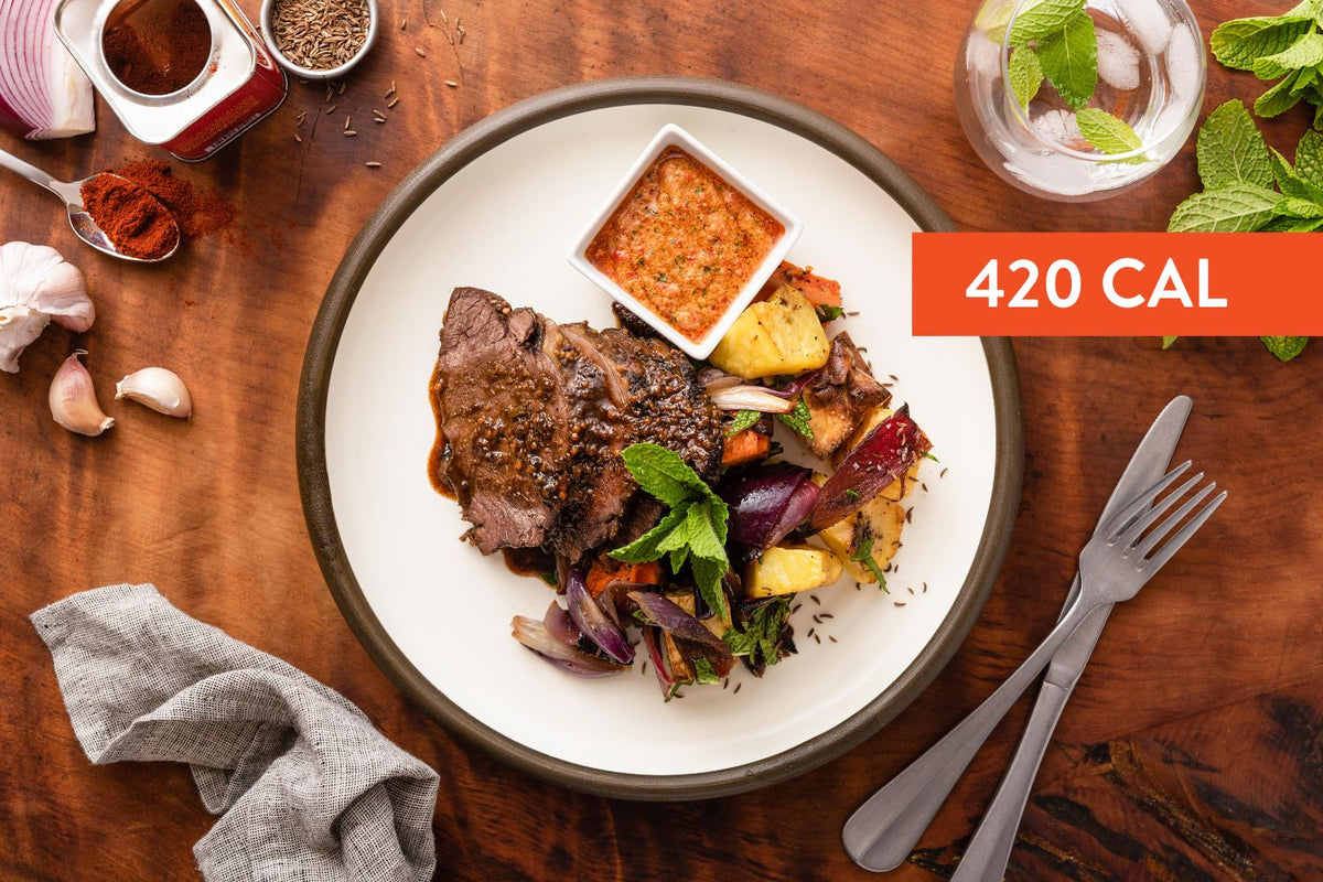 Mint & mustard lamb with root veggies FED.