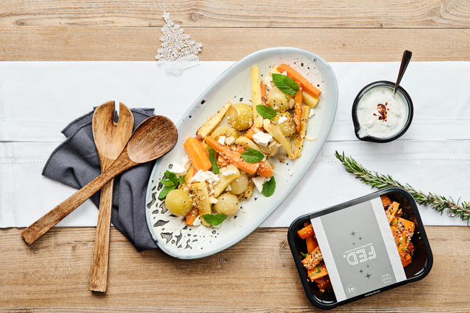 Dukkah honey roasted vegetables with feta and crushed mint. Serves 3-4