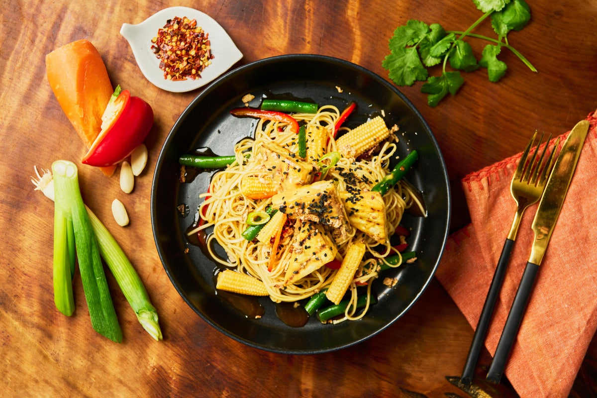 Sweet and sour tofu with stir fry noodles