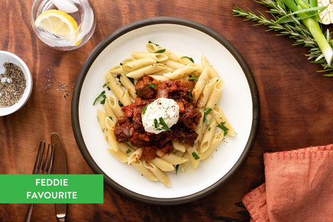 Beef goulash with buttery herbed pasta