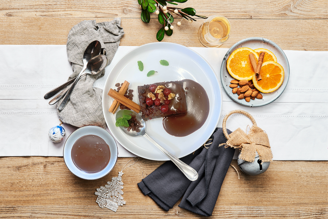 Chocolate cherry Christmas pudding loaf. Serves 3-4