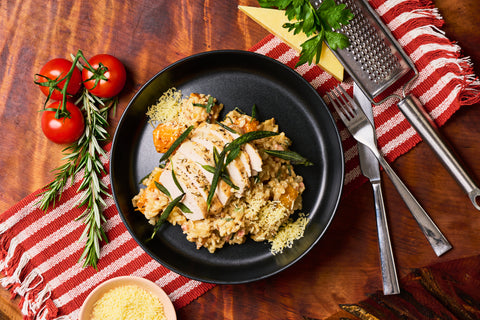 Roasted chicken, bacon and pumpkin risotto