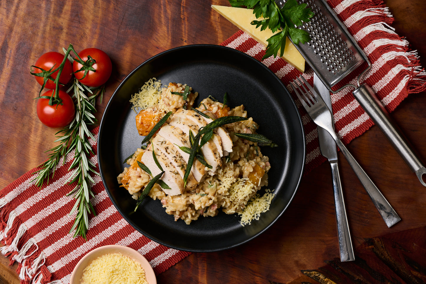 Sage roast chicken with Bacon, pumpkin Risotto