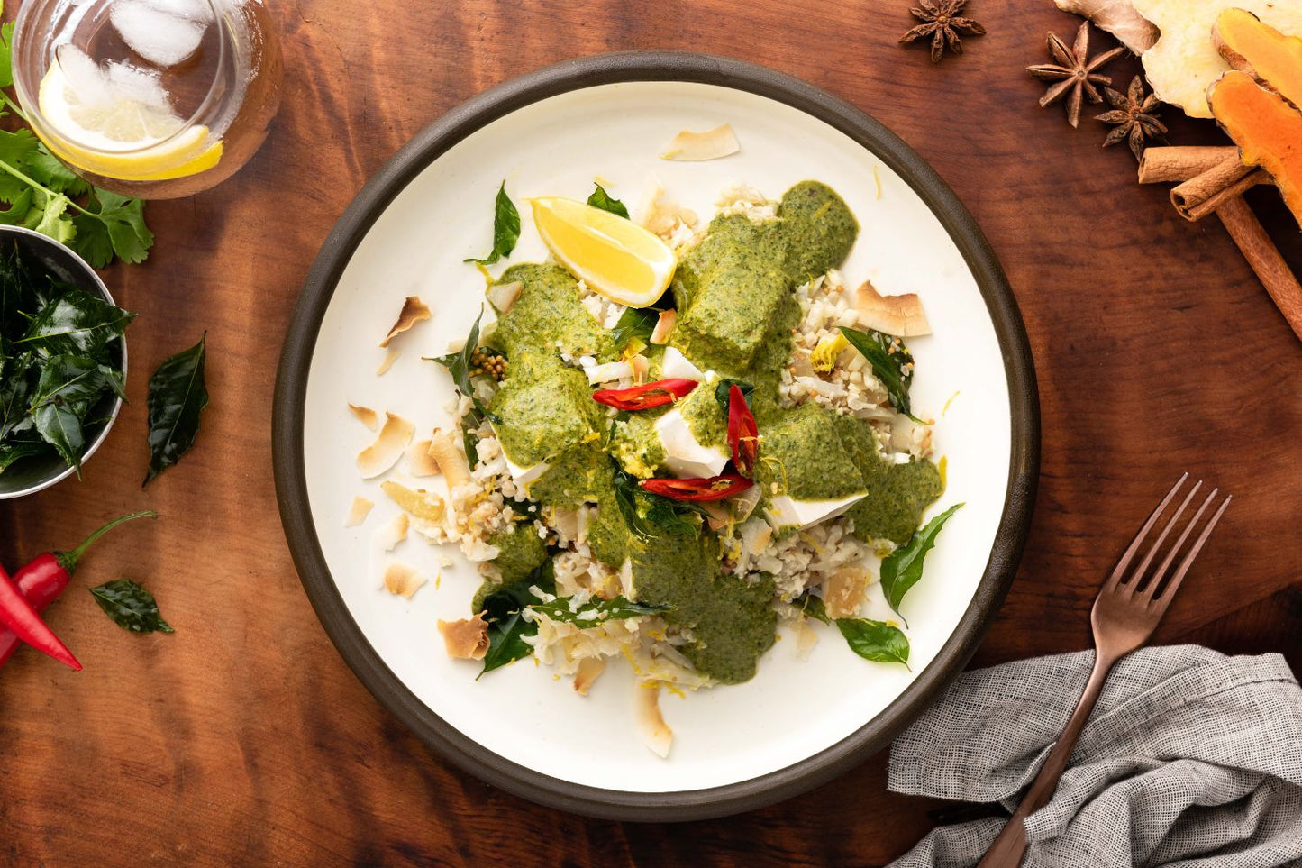 Spicy tofu saag with lemon and curry leaf basmati rice