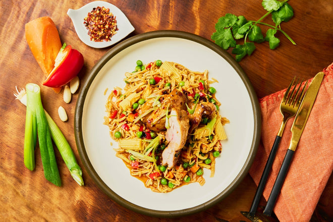 Sticky chilli ginger chicken with Indonesian fried rice