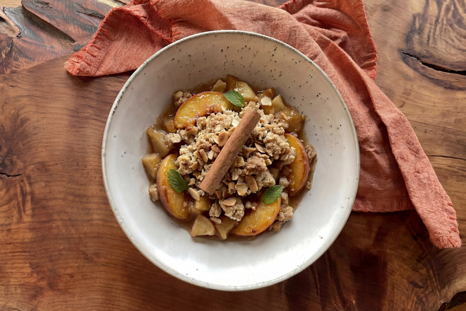 Peach and apple with a cinnamon and maple granola, vanilla custard