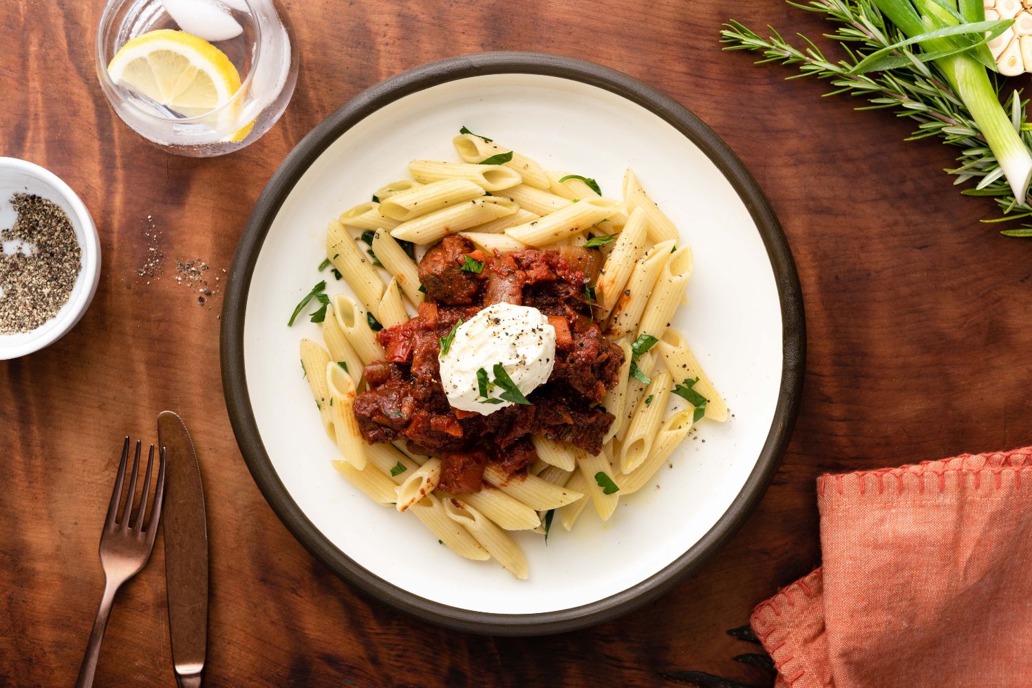 Beef goulash with buttery herbed pasta
