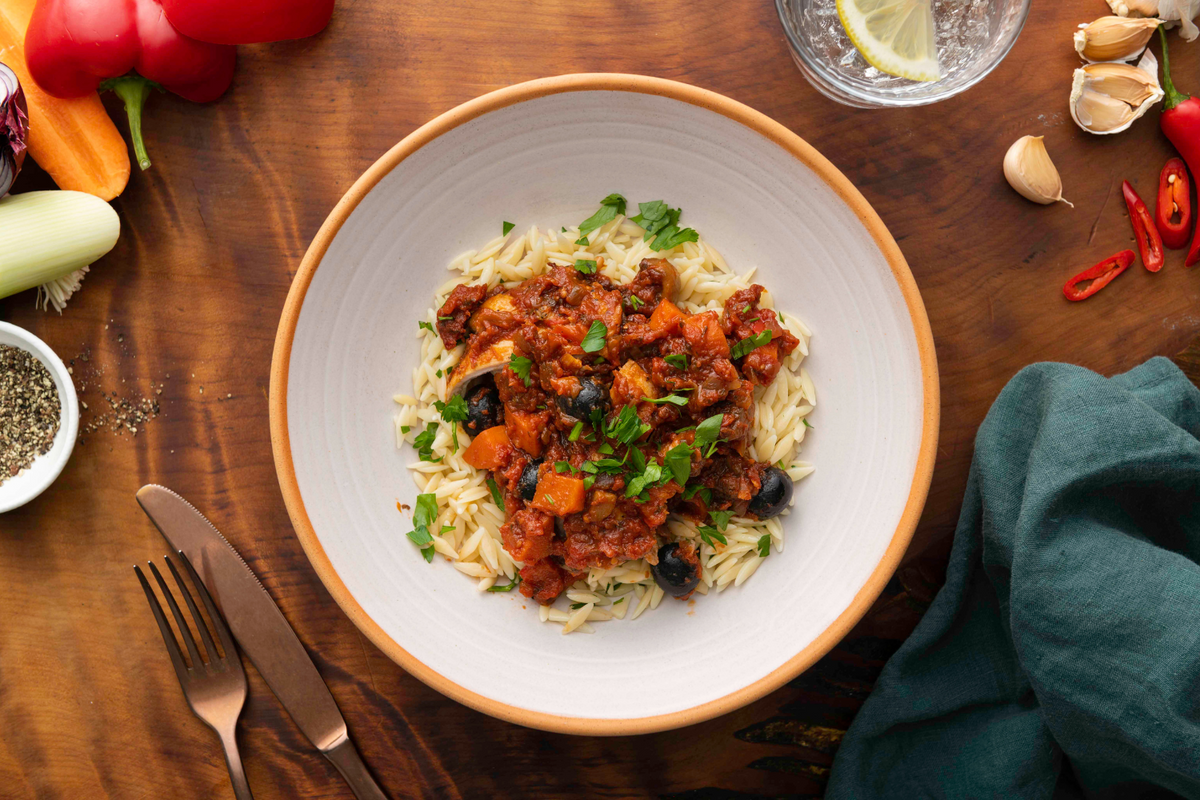 Chicken cacciatore with buttery orzo pasta FED.