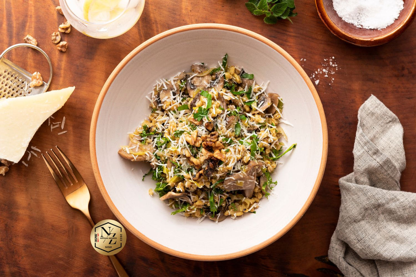 Creamy mushroom, leek and walnut farro risotto