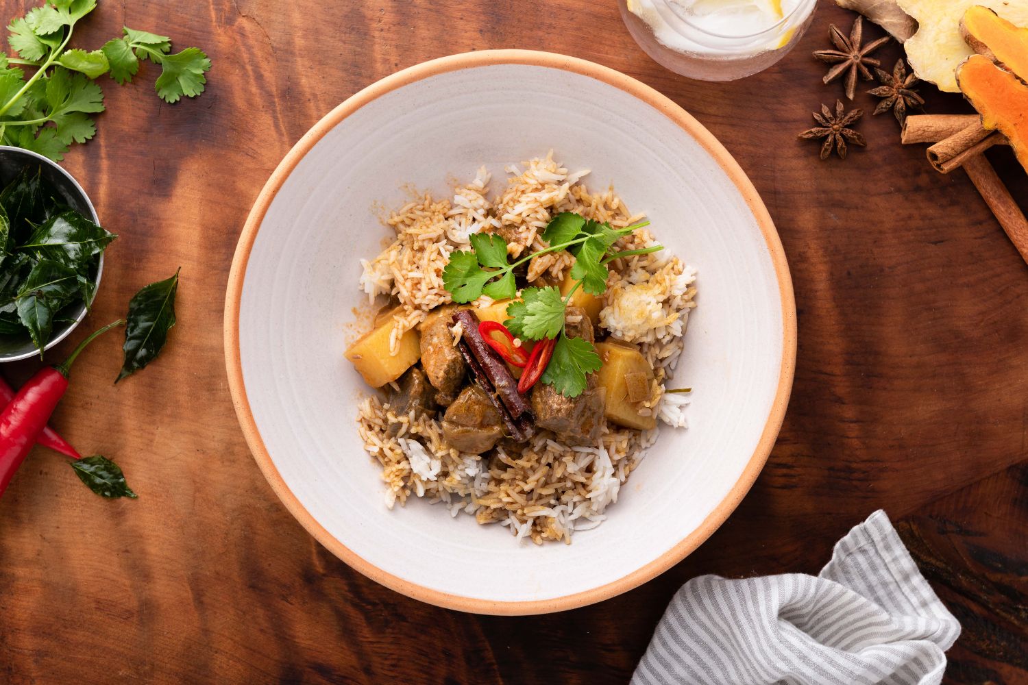 Thai massaman beef and potato curry with rice