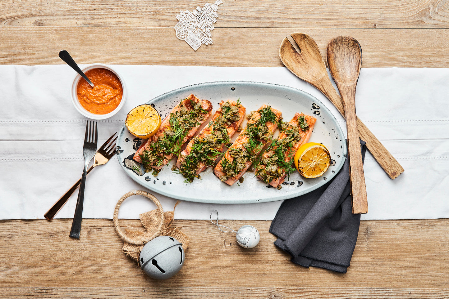 Herb and caper grilled salmon with smoked almond Romesco sauce. Serves 2 - 3