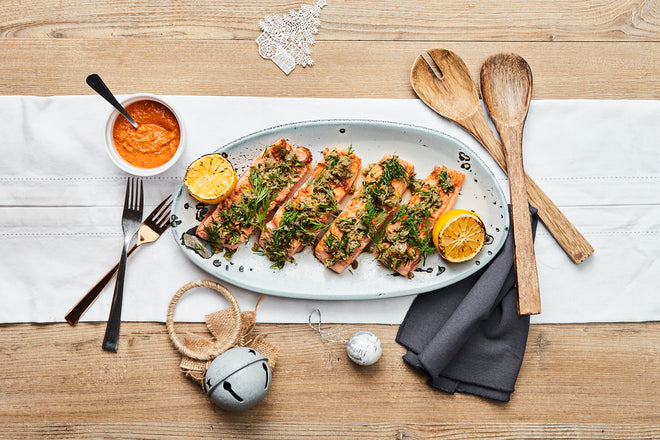 Herb and caper grilled salmon with smoked almond Romesco sauce. Serves 2 - 3