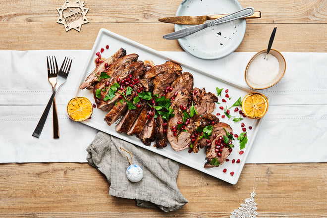Bbq garlic and herb pulled lamb, pomegranate glaze. Serves 2 - 3