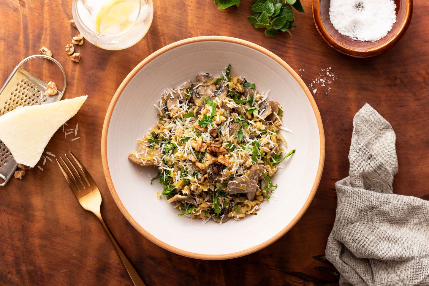 Creamy mushroom, leek and walnut farro risotto