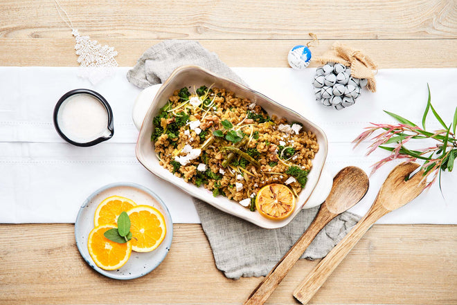 Wilted chard and goats curd farro risotto - Vegetarian.