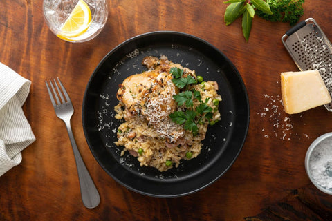 Herbed chicken with bacon and pea risotto